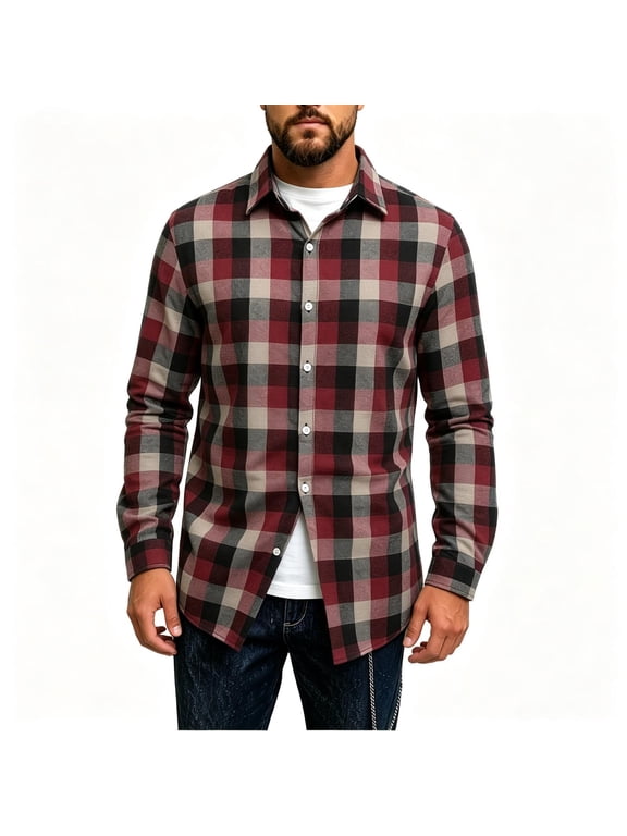 Mens Long Sleeve Plaid Button Down Shirts- Layering Casual Turn Down Collar Midweight Flannel Jacket Shirt Wine Size XL