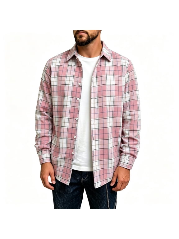 Mens Long Sleeve Plaid Button Down Shirts- Turn Down Collar Casual Layering Midweight Flannel Jacket Shirt Pink Size 2XL
