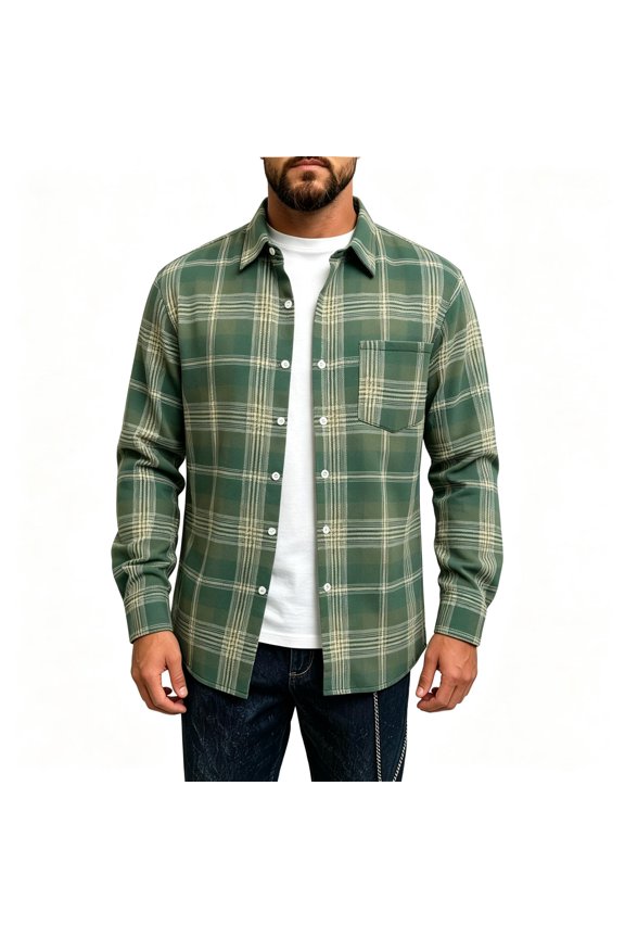 Mens Long Sleeve Plaid Button Down Shirts- Turn Down Collar Casual Midweight Layering Flannel Jacket Shirt Green Size XL