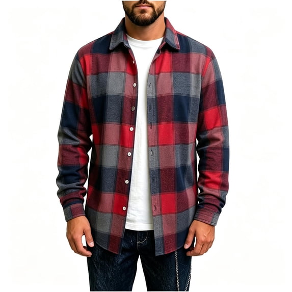 TKKCS Mens Long Sleeve Plaid Button Down Shirts- Turn Down Collar Casual Midweight Layering Flannel Jacket Shirt Red Size XL
