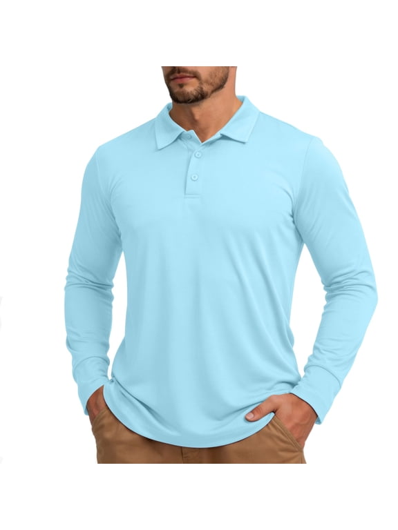 Mens Long Sleeve Polo Shirts- Lightweight Sun Protection Outdoor Casual Quick Dry Performance Shirts Light Blue Size M