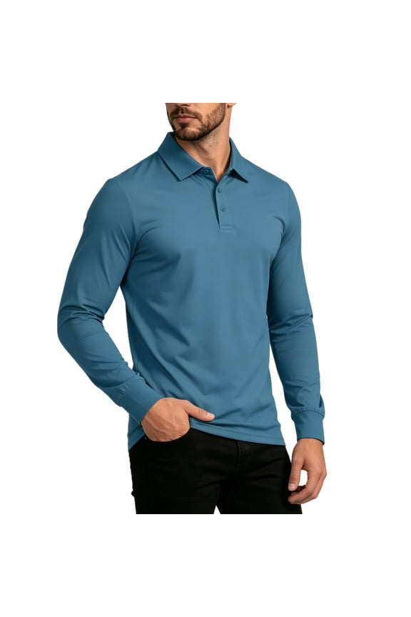 Mens Long Sleeve Polo Shirts- Outdoor Casual Lightweight Quick Dry Performance Sun Protection Shirts Blue 2XL
