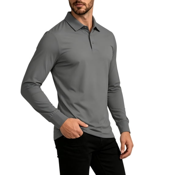 TKKCS Mens Long Sleeve Polo Shirts- Outdoor Sun Protection Performance Quick Dry Lightweight Casual Shirts Gray S