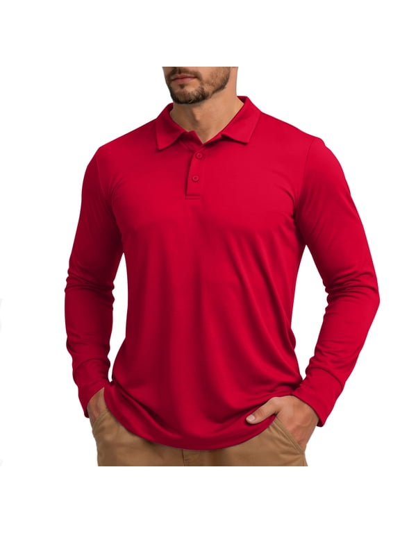 Mens Long Sleeve Polo Shirts- Performance Quick Dry Lightweight Outdoor Sun Protection Casual Shirts Red Size L