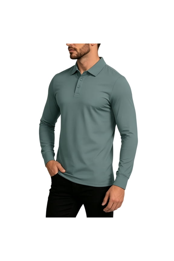 Mens Long Sleeve Polo Shirts- Performance Sun Protection Lightweight Casual Outdoor Quick Dry Shirts Green M