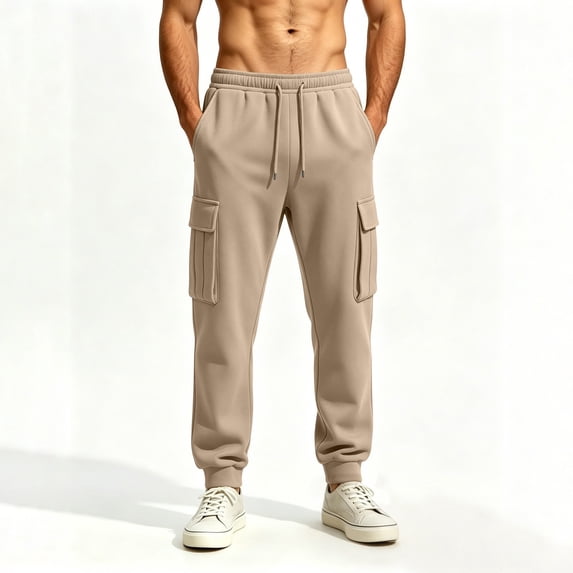 TKKCS Mens Loose Cargo Jogger Pants- Elastic Waist Drawstring Full Length Ankle Cuffed Casual Outdoor Sweatpants with Multi Pockets Khaki Size XL