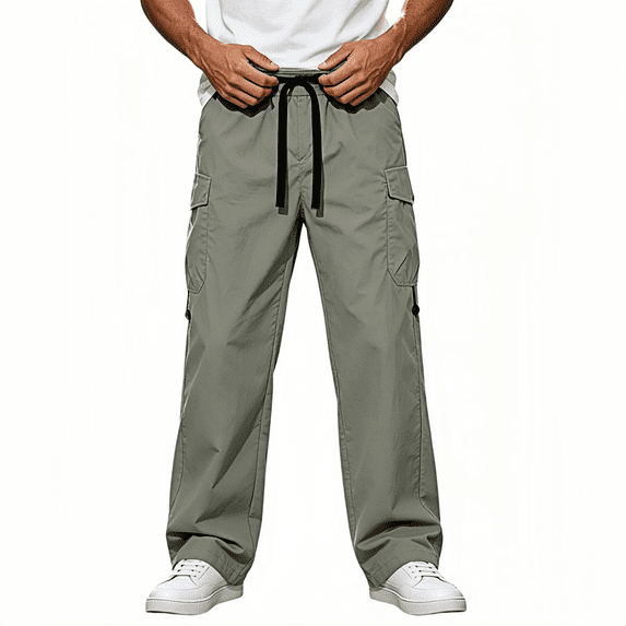 TKKCS Mens Loose Cargo Pants- Lightweight Elastic Drawstring Waist Outdoor Hiking Casual Straight Leg Work Pants with Multi Pockets Army Green Size M
