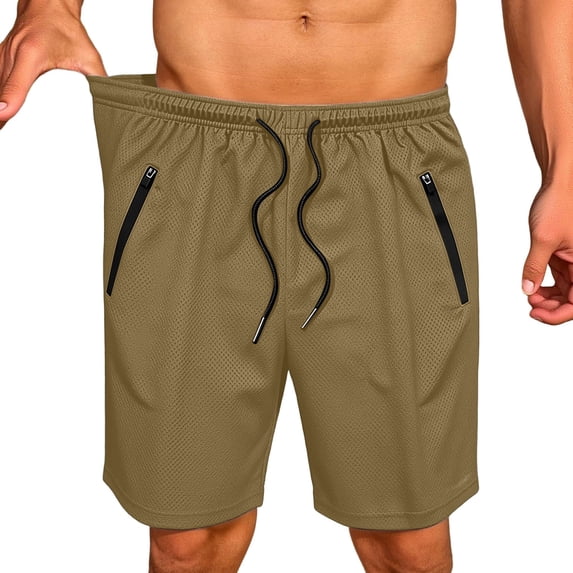 TKKCS Mens Mesh Athletic Running Shorts with Zipper Pockets- Moisture Wicking Quick Dry Elastic Drawstring Waist Relaxed Fit Breathable Workout Gym Shorts Brown Size M