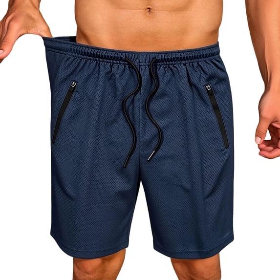 TKKCS Mens Mesh Athletic Running Shorts with Zipper Pockets- Quick Dry Elastic Drawstring Waist Moisture Wicking Relaxed Fit Breathable Workout Gym Shorts Navy Size 2XL