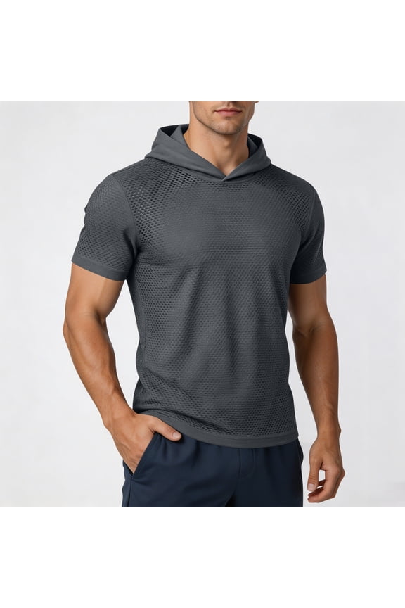 Mens Mesh Hoodies- Short Sleeve Breathable Gym Workout Quick-Dry Hooded T-Shirts Dark Gray Size XL