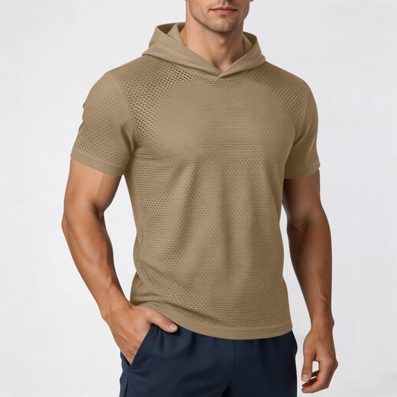 TKKCS Mens Mesh Hoodies- Short Sleeve Breathable Gym Workout Quick-Dry Hooded T-Shirts Khaki Size S
