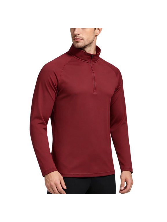 Mens Mesh Long Sleeve Athletic Top Pullover Activewear Quarter Zip Stand Collar Running Shirt Wine 3XL