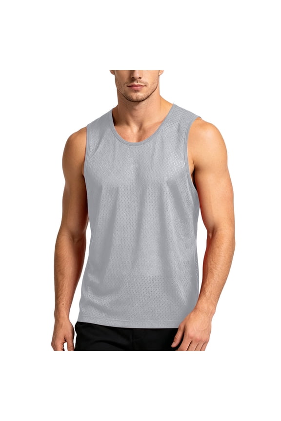 Mens Mesh Quick Dry Tank Top- Sleeveless Workout Gym Breathable Loose Fit Lightweight Performance Moisture Wick Athletic Tank Top for Basketball Running Gray Size 3XL