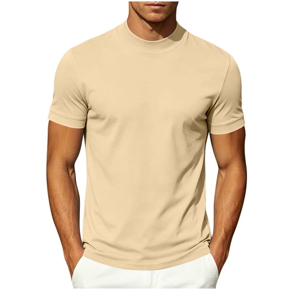 TKKCS Mens Mock Neck Short Sleeve T-Shirt- Lightweight Summer Casual Stretch Daily Wear Slim Fit Basic Tee Khaki Size L