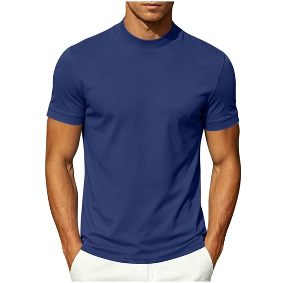 TKKCS Mens Mock Neck Short Sleeve T-Shirt- Stretch Lightweight Slim Fit Summer Casual Daily Wear Basic Tee Navy Size M