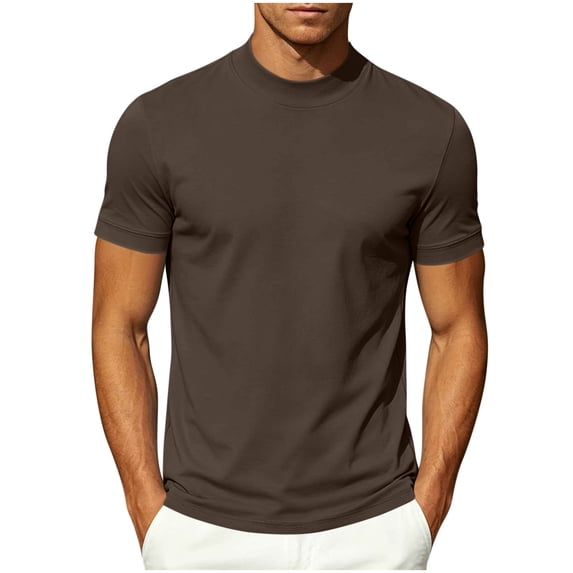 TKKCS Mens Mock Neck Short Sleeve T-Shirt- Stretch Summer Casual Slim Fit Lightweight Daily Wear Basic Tee Brown Size M