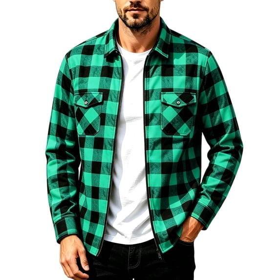 TKKCS Mens Plaid Flannel Shirt Jacket Full Zip Long Sleeve Turndown Collar Regular Fit Casual Shacket with Chest Pockets Green M