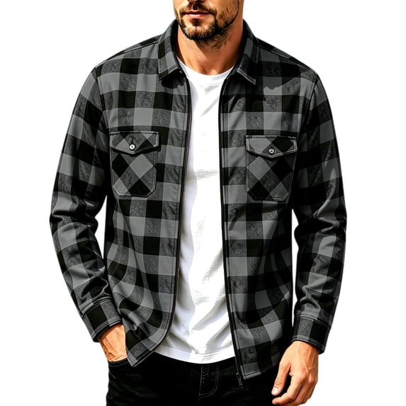 TKKCS Mens Plaid Flannel Shirt Jacket Turndown Collar Regular Fit Full Zip Long Sleeve Casual Shacket with Chest Pockets Dark Gray S