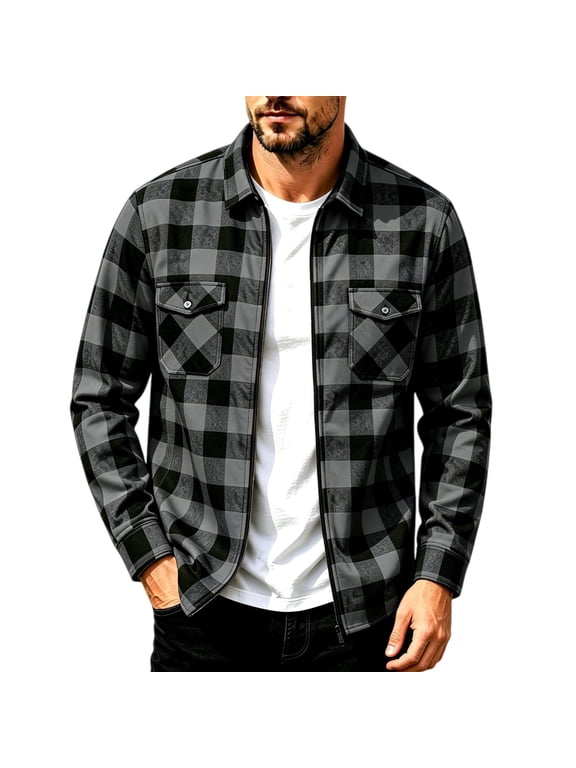 Mens Plaid Flannel Shirt Jacket Turndown Collar Regular Fit Full Zip Long Sleeve Casual Shacket with Chest Pockets Dark Gray S