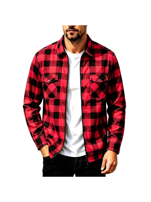 Mens Plaid Flannel Shirt Jacket Turndown Collar Regular Fit Full Zip Long Sleeve Casual Shacket with Chest Pockets Red M