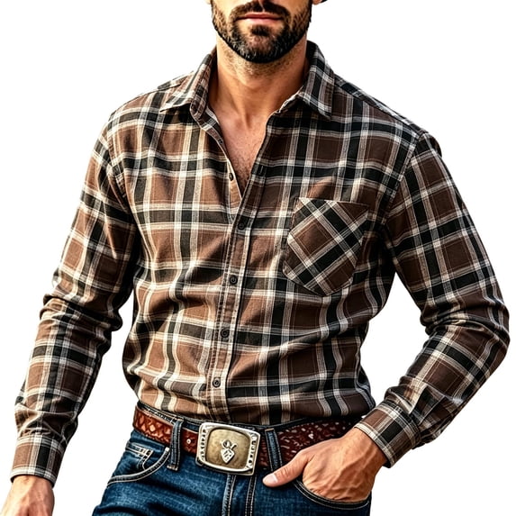 TKKCS Mens Plaid Long Sleeve Button Down Shirts with Pocket- Daily Wear Regular Fit Turndown collar Lightweight Work Casual Shirts Coffee Size 5XL