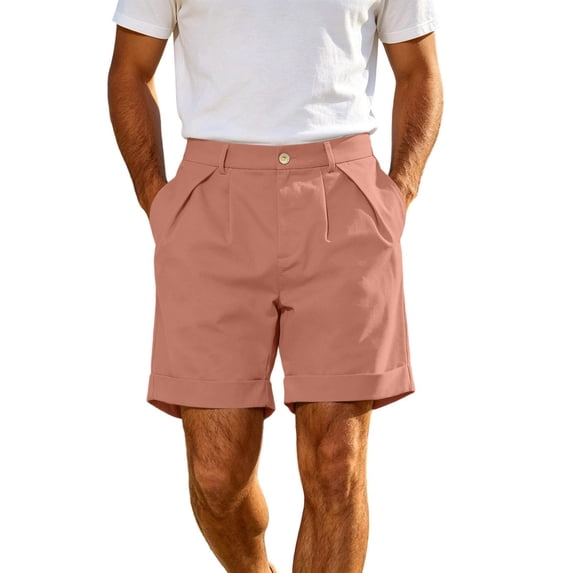 TKKCS Mens Pleated Casual Dress Shorts- Summer Daily Wear Cuffed Hem Straight Leg Regular Fit Button Zipper Shorts with Pockets Pink Size L