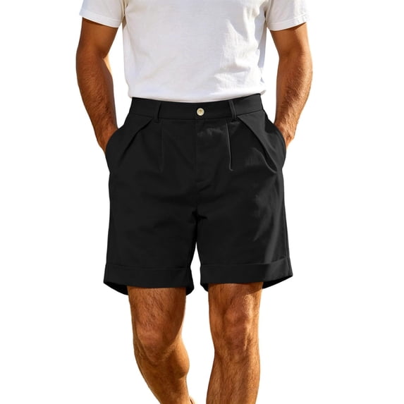 TKKCS Mens Pleated Casual Dress Shorts- Summer Daily Wear Straight Leg Regular Fit Cuffed Hem Button Zipper Shorts with Pockets Black Size XL