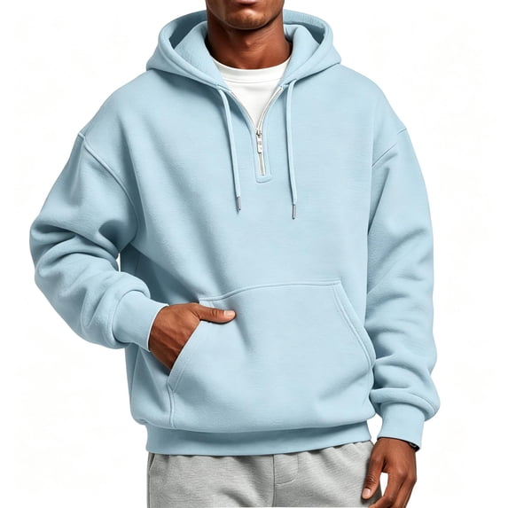 TKKCS Mens Quarter Zip Hoodie Drawstring Loose Fit Pullover Long Sleeve Casual Sweatshirt with Kangaroo Pocket Light Blue XL
