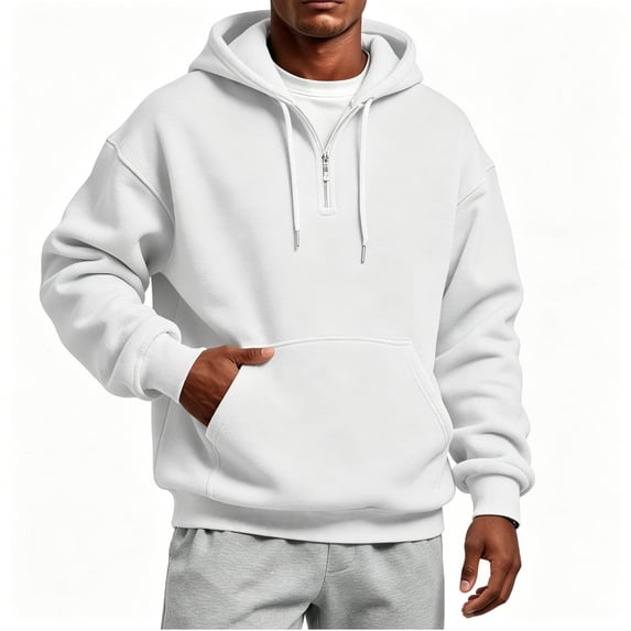TKKCS Mens Quarter Zip Hoodie Long Sleeve Pullover Drawstring Loose Fit Casual Sweatshirt with Kangaroo Pocket White S