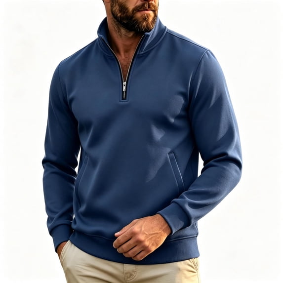 TKKCS Mens Quarter Zip Pullover Sweatshirt Casual Lounge Regular Fit Stand Collar Long Sleeve Hoodless Sweatshirt with Pockets Navy M