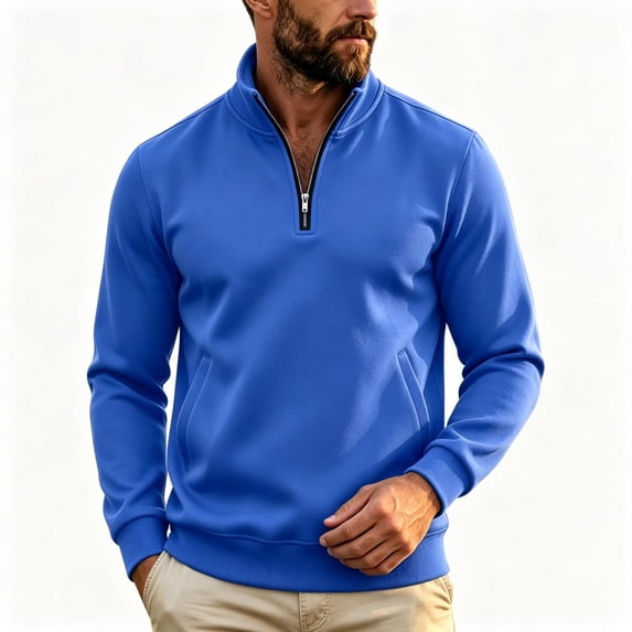 TKKCS Mens Quarter Zip Pullover Sweatshirt Long Sleeve Casual Lounge Stand Collar Regular Fit Hoodless Sweatshirt with Pockets Blue S