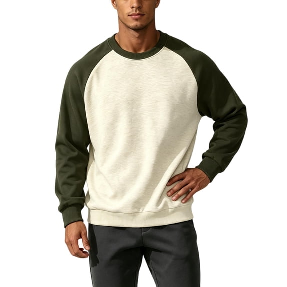 TKKCS Mens Raglan Crew Neck Sweatshirt Cotton Blend Long Sleeve Loose Fit Color Block Casual Pullover Army Green 2XL