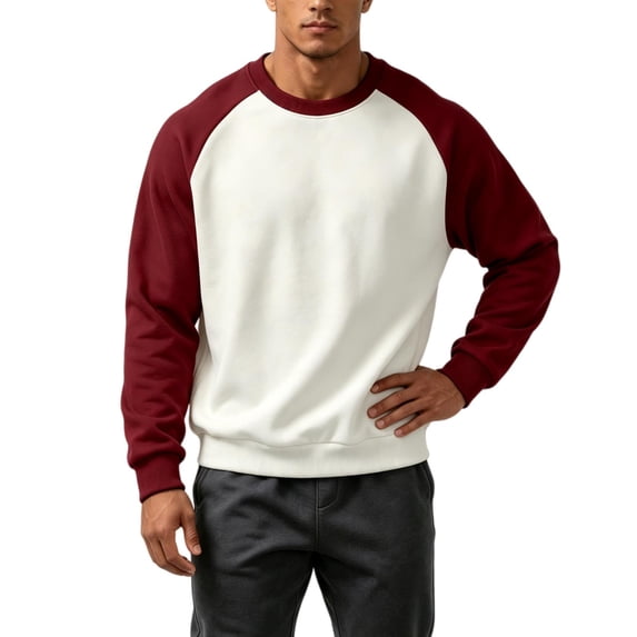 TKKCS Mens Raglan Crew Neck Sweatshirt Cotton Blend Long Sleeve Loose Fit Color Block Casual Pullover Wine 2XL