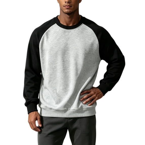 TKKCS Mens Raglan Crew Neck Sweatshirt Long Sleeve Cotton Blend Color Block Loose Fit Casual Pullover Black L