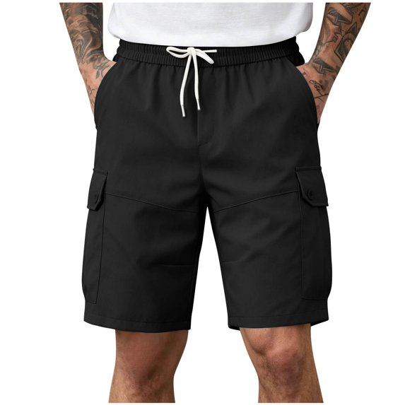 TKKCS Mens Relaxed Fit Cargo Shorts- Casual Lightweight Elastic Wasit Drawstring Outdoor Breathable Hiking Shorts With Multi Pockets Black Size L
