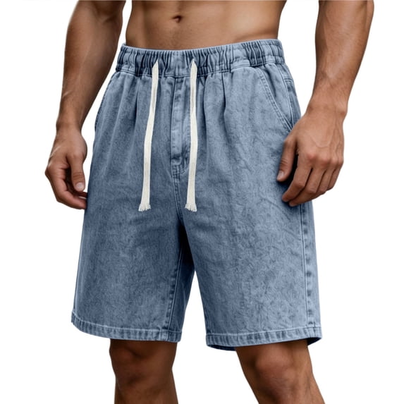 TKKCS Mens Relaxed Fit Denim Shorts- Elastic Wasit Classic Straight Leg Casual Drawstring Jean Shorts With Pockets Light Blue Size 40