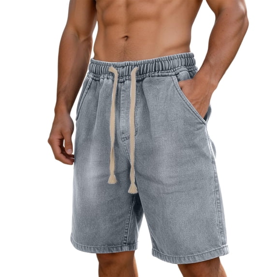 TKKCS Mens Relaxed Fit Denim Shorts- Elastic Wasit Drawstring Straight Leg Casual Classic Jean Shorts With Pockets Gray Size 26