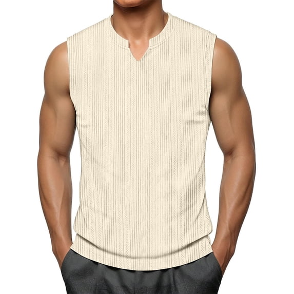 TKKCS Mens Ribbed Sleeveless Tank Top- Regular Fit Lightweight Notch V-Neck Casual Breathable Muscle Shirts Beige Size 2XL