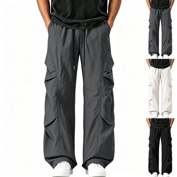 TKKCS Mens Ruched Parachute Cargo Pants Flap Side Pocket Loose Fit Wide Leg Drawstring Elastic Waist Casual Outdoor Trousers Dark Gray XL