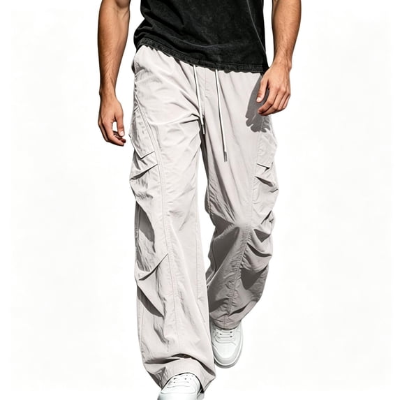 TKKCS Mens Ruched Parachute Cargo Pants Flap Side Pocket Loose Fit Wide Leg Drawstring Elastic Waist Casual Outdoor Trousers Gray M