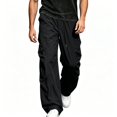 thumbnail image 1 of TKKCS Mens Ruched Parachute Cargo Pants Wide Leg Drawstring Elastic Waist Flap Side Pocket Loose Fit Casual Outdoor Trousers Black XL, 1 of 9