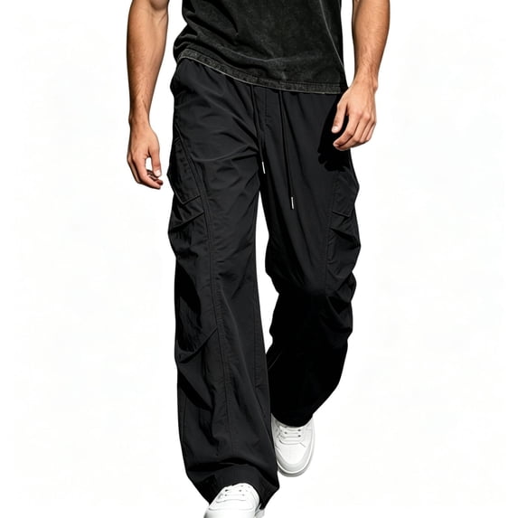 TKKCS Mens Ruched Parachute Cargo Pants Wide Leg Drawstring Elastic Waist Flap Side Pocket Loose Fit Casual Outdoor Trousers Black XL