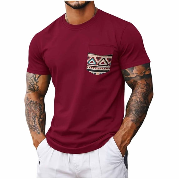 TKKCS Mens Short Sleeve T-Shirt with Print Pocket- Breathable Lightweight Summer Casual Pullover Crew Neck Tees Red Size 3XL