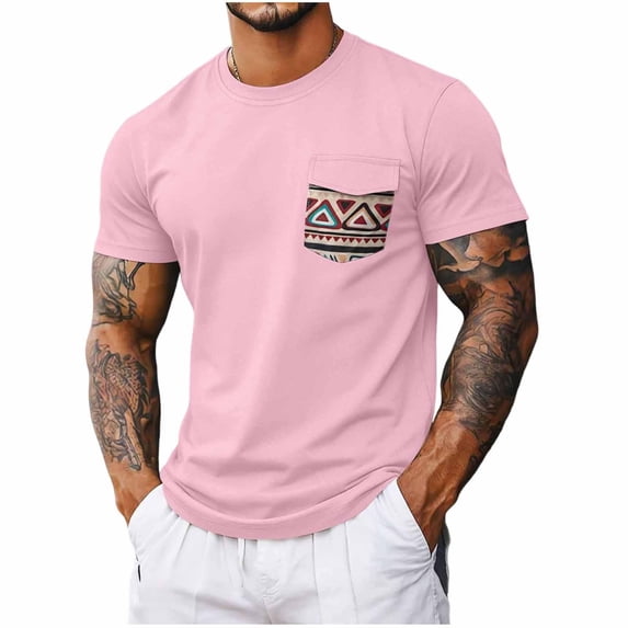 TKKCS Mens Short Sleeve T-Shirt with Print Pocket- Summer Casual Pullover Lightweight Breathable Crew Neck Tees Pink Size M