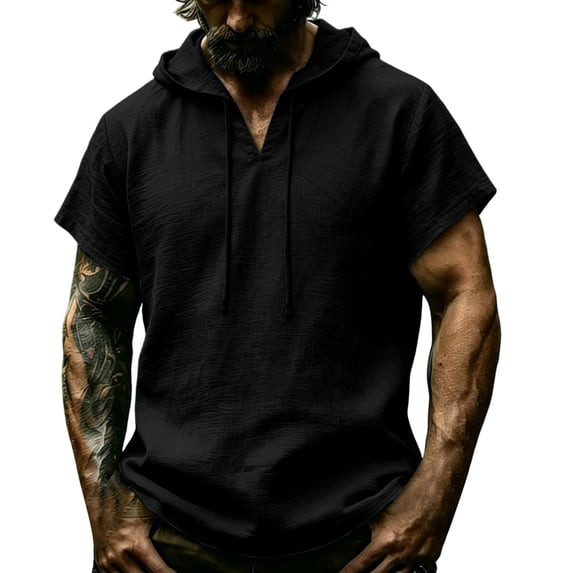 TKKCS Mens Short Sleeve V-Neck Hoodie- Breathable Loose Fit Summer Casual Pullover Lightweight Drawstring Hooded T-Shirts Black Size 2XL