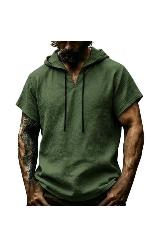 Mens Short Sleeve V-Neck Hoodie- Breathable Summer Casual Drawstring Lightweight Loose Fit Pullover Hooded T-Shirts Green Size 3XL