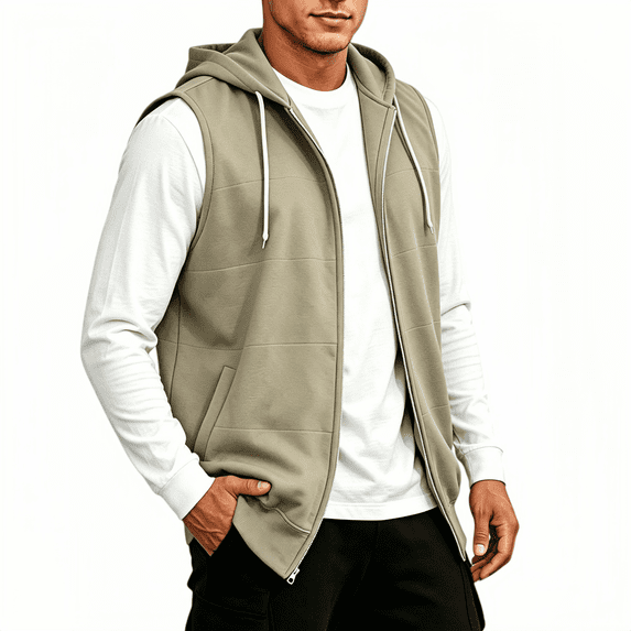 TKKCS Mens Sleeveless Zip Up Hoodie Jacket- Drawstring Loose Fit Casual Workout Layering Outerwear with Pockets Khaki Size XL