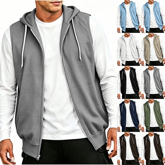 TKKCS Mens Sleeveless Zip Up Hoodie Jacket- Loose Fit Drawstring Casual Workout Layering Outerwear with Pockets Gray Size XL
