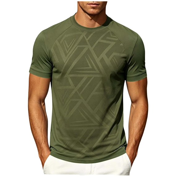 TKKCS Mens Slim Fit Crew Neck T Shirts- Lightweight Geometric Print Summer Casual Short Sleeve Basic Tees Army Green Size S