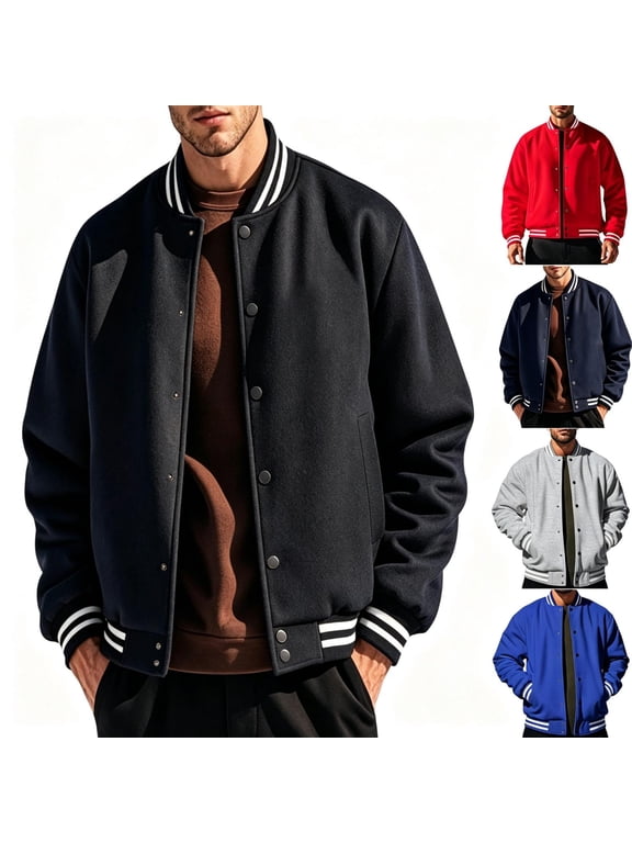 Mens Snap Button Varsity Jacket Long Sleeve Casual Regular Fit Thick Baseball Jacket Black S